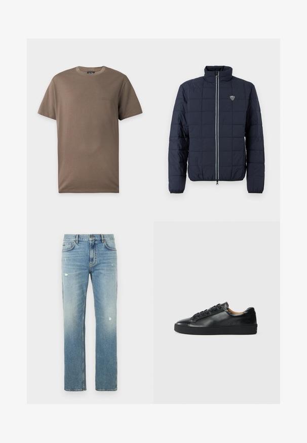 Veste matelassée bleu marine avec fermeture éclair frontale, col montant, poignets élastiques, et petit logo EA7 sur la poitrine.; T-shirt marron à manches courtes et col rond avec petit logo embossé Armani Exchange sur la poitrine gauche sur fond blanc.; Jean en denim bleu clair avec une coupe droite, présentant des zones délavées et de petites déchirures. Design classique à cinq poches et passants pour ceinture.; Baskets en cuir noir avec une texture lisse, bout rond et fermeture à lacets. Comprend une semelle en caoutchouc épaisse et un minimum de détails de marque.