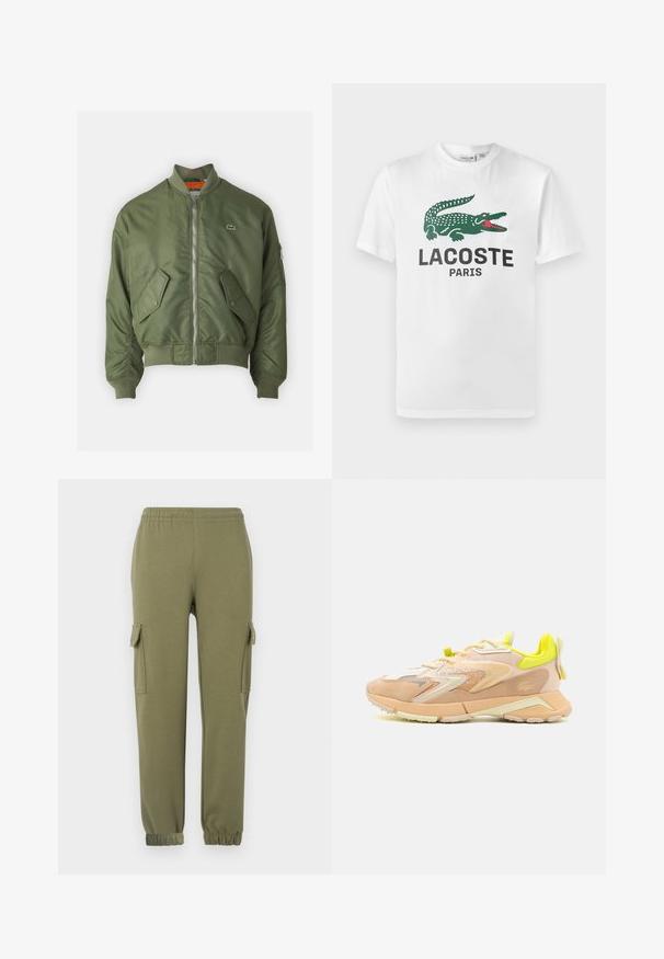 Olijfgroene bomberjack met een rits aan de voorkant, ribgebreide manchetten en twee voorzakken. Voorzien van een klein logo op de linkerkant van de borst en een contrasterende binnenvoering.; Lacoste T-shirt print - white; Cargo broek in olijfgroene lichtgewicht stof, met zijzakken, een elastische tailleband en aansluitende manchetten voor een strakke fit.; Sneakers met een lichtgewicht, perzik- en crèmegekleurde mesh bovenkant met neon gele accenten, textuur suède en een gevoerde zool.