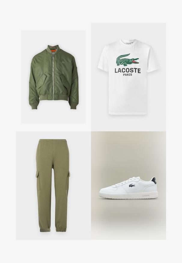 Chaqueta bomber verde oliva con cierre de cremallera al frente, puños acanalados y dos bolsillos frontales. Presenta un pequeño logo en el lado izquierdo del pecho y forro interior en contraste.; Lacoste Camiseta estampada - white; Pantalones cargo de tela liviana en color verde oliva, con bolsillos laterales, cintura elástica y puños ajustados para un ajuste ceñido.; Zapatilla baja blanca de Lacoste con el logo de cocodrilo negro en el lateral, cordones blancos y una pestaña de talón negra, exhibida sobre un fondo neutro.