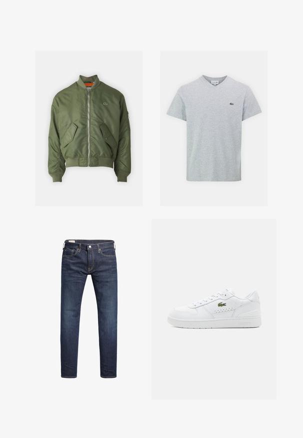Chaqueta bomber verde oliva con cierre de cremallera al frente, puños acanalados y dos bolsillos frontales. Presenta un pequeño logo en el lado izquierdo del pecho y forro interior en contraste.; Camiseta gris de cuello en V hecha de material suave. Cuenta con mangas cortas y un pequeño logo verde de Lacoste en el lado izquierdo del pecho. Diseño sencillo.; Vaqueros ajustados de color azul oscuro con cierre frontal de botón y cremallera, cinco bolsillos y detalles de costura amarilla.; Zapatillas de cuero blancas con acentos perforados, cordones planos y un pequeño logo verde en el lateral. Suela de goma y cuello acolchado para mayor comodidad.