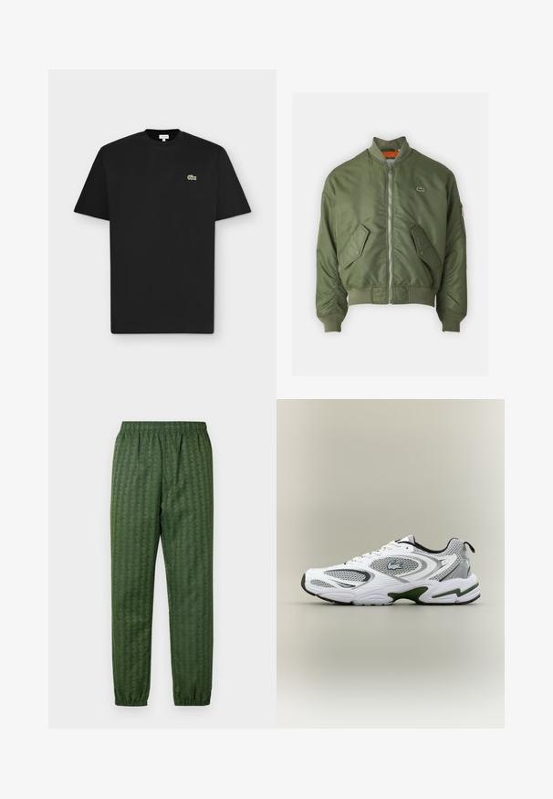 Veste bomber vert olive avec fermeture éclair sur le devant, poignets côtelés et deux poches avant. Dotée d'un petit logo sur la poitrine gauche et d'une doublure intérieure contrastante.; T-shirt noir à manches courtes avec col rond et petit logo crocodile vert sur le côté gauche de la poitrine sur fond gris clair.; Pantalons de sport verts à motif avec une taille élastique, jambes effilées et un design géométrique. Fabriqués en matériau léger.; Baskets de course blanches et grises avec des panneaux en mesh, accents verts, détails noirs et un logo sur le côté, présentées par l'extérieur.