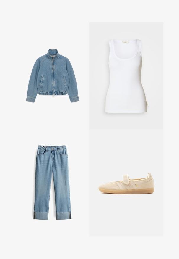 Lichtblauwe spijkerjas met volledige rits aan de voorkant, hoge kraag, zijzakken, lange mouwen en elastische zoom op een witte achtergrond.; Witte geribbelde tanktop met een ronde halslijn en brede schouderbanden. Voorzien van een logolabel aan de zijkant van de zoom. Gemaakt van zachte, rekbare stof.; Lichtblauwe spijkerbroek met een rechtotige snit, voorzien van een knoopsluiting, vijf zakken en wijde omgeslagen benen.; Beige suède Mary Jane sneaker met klittenbandsluiting, rubberen zool, drie gestikte strepen en gouden "SAMBA"-branding aan de zijkant.