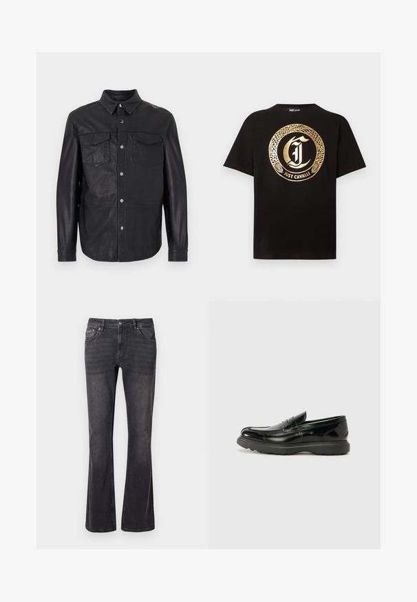 Schwarzes Lederhemd mit Knopfleiste, spitzem Kragen, langen Ärmeln und zwei aufgesetzten Brusttaschen mit Klappen und Knöpfen.; Schwarzes T-Shirt mit kurzen Ärmeln, großem goldfarbenem Schlangendesign in Kreisform und verziertem Buchstaben "J" in der Mitte, darunter der Schriftzug "JUST CAVALLI".; Schwarze Jeans aus Denim mit ausgestelltem Design, fünf Taschen und einem Metallknopfverschluss. Der Stoff hat eine glatte Textur mit dezentem Verblassen.; Schwarze Lederloafer mit glanzendem Finish, abgerundetem Zehenbereich, subtilen Steppnähten und einer dicken Gummisohle für Langlebigkeit.