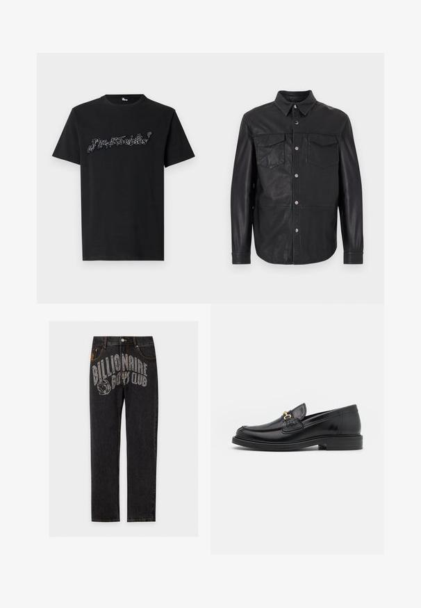 Chemise noire en cuir avec col pointu, manches longues et deux poches poitrine à rabat avec boutons.; T-shirt en coton noir arborant un design graphique stylisé en texte blanc sur la poitrine. Manches courtes, col rond et coupe décontractée.; Jean en denim noir avec texte gris "Billionaire Boys Club" et graphique de casque d'astronaute sur la partie avant supérieure de la cuisse.; Mocassins en cuir noir avec un embout rond, présentant des accents en métal doré et des détails de couture, montés sur une semelle en caoutchouc texturé et basse.