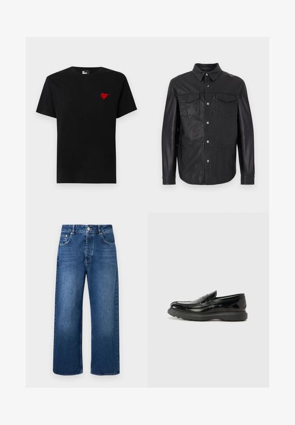 Chemise noire en cuir avec col pointu, manches longues et deux poches poitrine à rabat avec boutons.; T-shirt en coton noir avec un petit design de cœur rouge et d'une flèche sur le côté gauche de la poitrine. Encolure standard à col rond avec des manches courtes.; Jean denim bleu à jambes larges, taille haute, fermeture à boutons et poches avant sur un fond clair uni.; Mocassin en cuir noir avec une finition brillante, bout arrondi, détails de couture subtils et semelle en caoutchouc épaisse pour la durabilité.