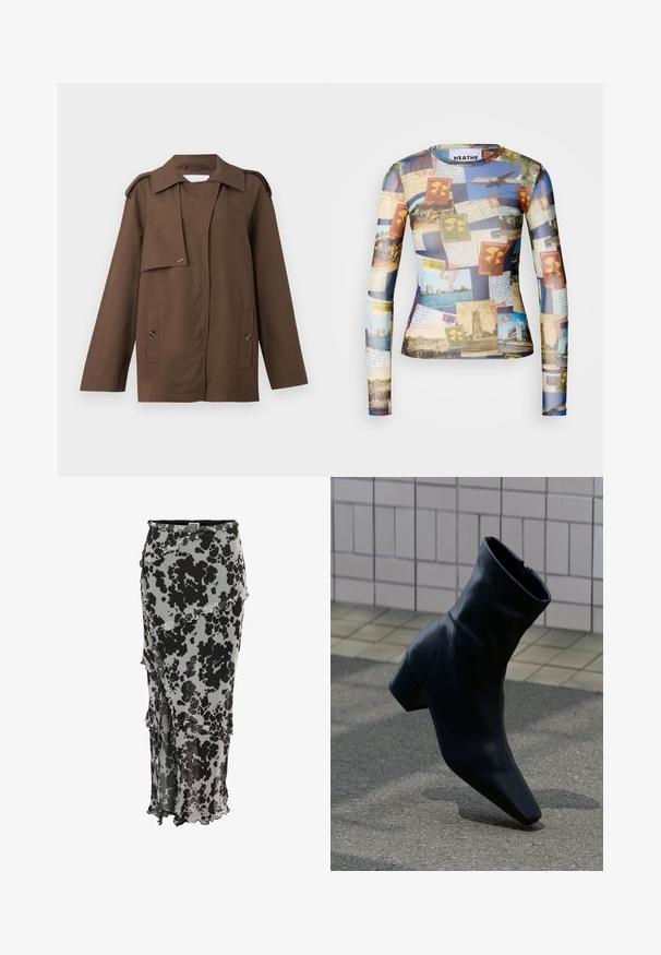 Braune Baumwolljacke mit einem umschlagbaren Kragen, Schulterklappen, knöpfbarem Vorderteil und zwei aufgesetzten Taschen auf der Hüfte.; Langärmliges Shirt mit einer Collage aus Vintage-Postkarten und Briefmarken in Blau-, Beige- und Grüntönen; glattes, leichtes Material.; Schwarz- und grau bedruckter Midirock aus transparentem Stoff, mit einem Rüschendesign und asymmetrischem Saum. Das Muster ähnelt Tierfell.; Schwarzer Leder-Stiefelette mit Blockabsatz, stehend auf einer strukturierten Asphaltoberfläche nahe einer gefliesten Wand.