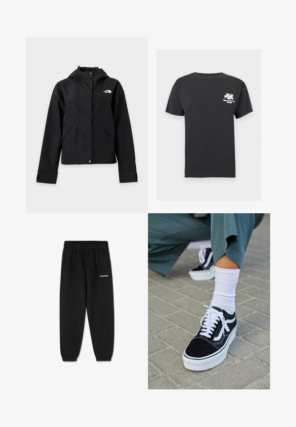 Sort vandtæt hættejakke med frontlynlås, trykknapper, lynlåslommer i siden og The North Face-logo på venstre bryst.; Sort t-shirt med korte ærmer og rund halsudskæring med en lille hvid hibiscusblomst og teksten "Rip Curl Surf Co" på øverste venstre bryst.; Sorte joggebukser med elastisk talje og manchetter, sidelommer og hvid "PEGADOR" logo på det øverste højre ben.; Sorte ruskinds sneakers med hvide accenter og snørebånd, der har en tyk hvid sål og kontrasterende syninger, parret med en hvid sok.