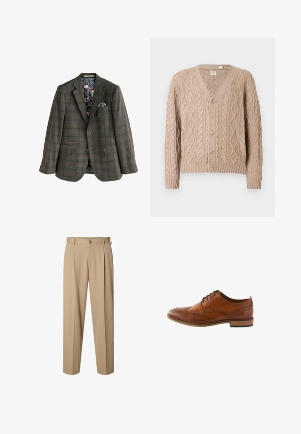 Blazer de cuadros marrón con dos bolsillos frontales, solapas en pico y cierre de botón. Forro interior con un patrón floral y detalle de pañuelo en el bolsillo.; Cardigan beige de punto grueso con escote en V, seis botones en la parte delantera y puños y dobladillo acanalados.; Pantalones beige a medida con pinzas delanteras, trabillas para cinturón, cierre de botón y diseño de pierna recta.; Zapato brogue de cuero marrón con perforaciones detalladas, punta redondeada, diseño de cordones y suela de madera marrón medio.
