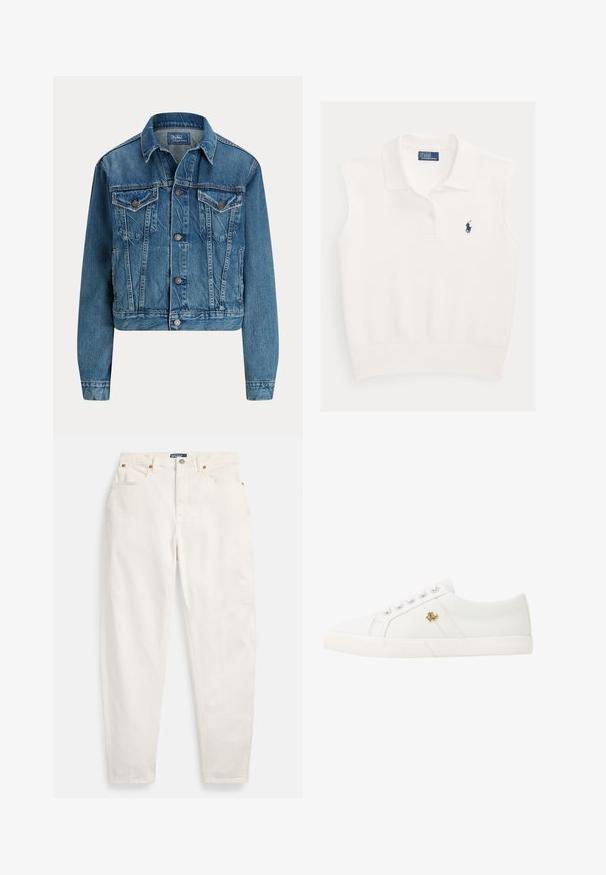 Blauwe spijkerjas met knoopsluiting aan de voorkant, twee borstflapzakken, zijzakken en een klassieke kraag, met label Polo by Ralph Lauren.; Wit mouwloos poloshirt met kraag, twee knopen en marineblauw Ralph Lauren polo-spelerlogo op de linkerborst.; Witte jeans met hoge taille en rechte pijpen, voorzien van knoop en ritssluiting aan de voorkant, ontwerp met vijf zakken en Polo merkembleem op de tailleband.; Lauren Ralph Lauren JANSON II CANVAS SNEAKER - Sneakers laag - optic white