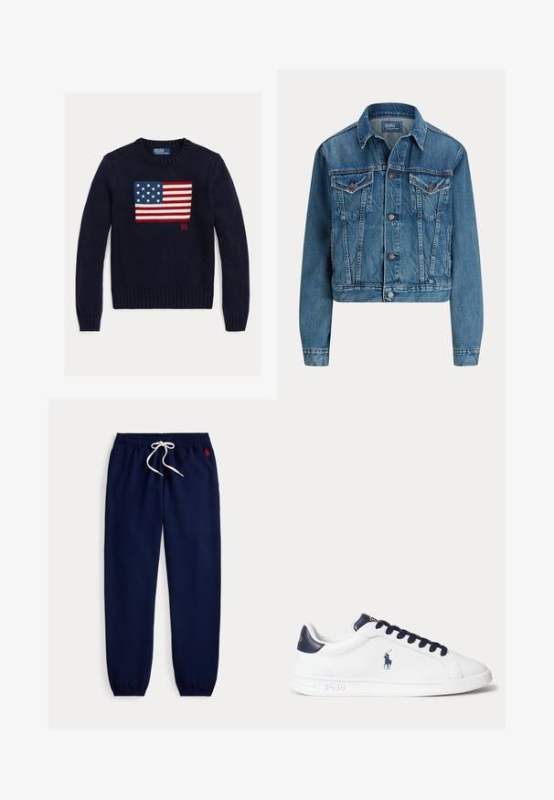 Blaue Jeansjacke mit Knopfverschluss vorne, zwei Brustklappentaschen, Seitentaschen und klassischem Kragen, mit dem Label Polo von Ralph Lauren.; Marineblauer Strickpullover mit einem strukturierten Motiv der amerikanischen Flagge in Rot, Weiß und Blau. Gerippte Bündchen und Saum, mit "RL"-Logo nahe dem Saum.; Marineblaue Jogginghose mit elastischem Bund und Bündchen, weißem Kordelzug und kleinem rotem Logo auf der oberen linken Seite.; Weißer Sneaker mit niedrigem Schaft, dunkelblauen Schnürsenkeln, Fersenlasche und Polo-Logo an der Seite, mit Gummisohle und gesteppten Details.