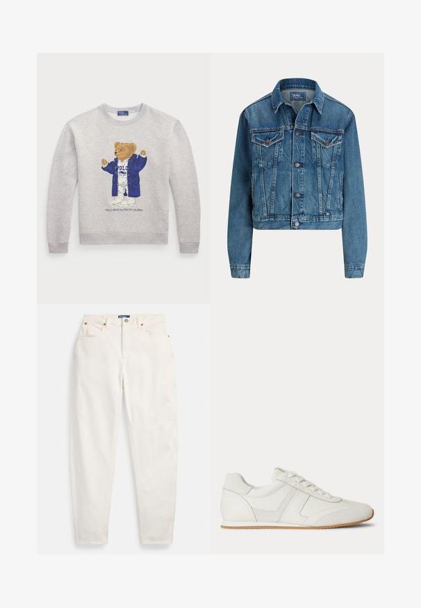 Blauwe spijkerjas met knoopsluiting aan de voorkant, twee borstflapzakken, zijzakken en een klassieke kraag, met label Polo by Ralph Lauren.; Lichtgrijze sweatshirt met een afbeelding van een beer in een blauw jasje en een witte outfit. Geribbelde boorden en zoom. "Polo Bear by Ralph Lauren" tekst eronder.; Witte jeans met hoge taille en rechte pijpen, voorzien van knoop en ritssluiting aan de voorkant, ontwerp met vijf zakken en Polo merkembleem op de tailleband.; Witte lage sneaker met veters aan de voorkant, suède en leren panelen, en een lichtbruine rubberen zool op een witte achtergrond.