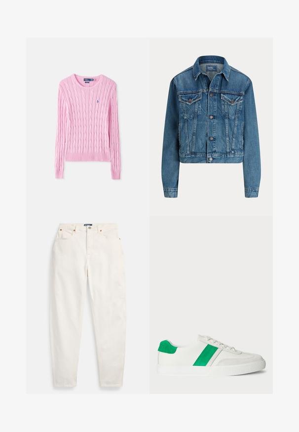 Veste en jean bleue avec fermeture à boutons sur le devant, deux poches poitrine à rabat, poches latérales et col classique, étiquetée Polo by Ralph Lauren.; Pull rose en maille torsadée à manches longues avec col rond et petit logo bleu brodé sur la poitrine.; Jean blanc taille haute à jambes droites, avec bouton et fermeture éclair sur le devant, design à cinq poches et étiquette de marque Polo sur la ceinture.; Baskets blanches avec des accents en daim vert, présentant une semelle en caoutchouc texturée, un système de laçage et une tige en cuir lisse.