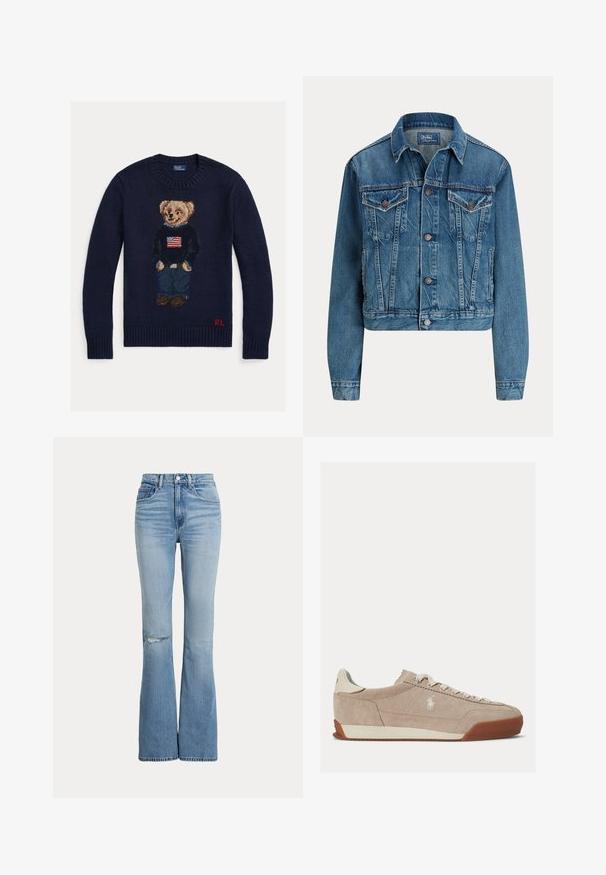 Modrá rifľová bunda s gombíkmi vpredu, dvoma náprsnými vreckami s chlopňou, bočnými vreckami a klasickým golierom, označená Polo by Ralph Lauren.; Tmavomodrý pletený sveter s medvedíkom, ktorý má na sebe džínsy a čierny sveter s americkou vlajkou, červené iniciály "RL" na spodnom leme.; Svetlomodré rozšírené rifle s vysokým pásom, prednými vreckami, zapínaním na gombík a zips, a malým roztrhnutím v oblasti ľavého kolena.; Béžová semišová nízka teniska s bielymi šnúrkami, bielym logom na boku a hnedou gumovou podrážkou.