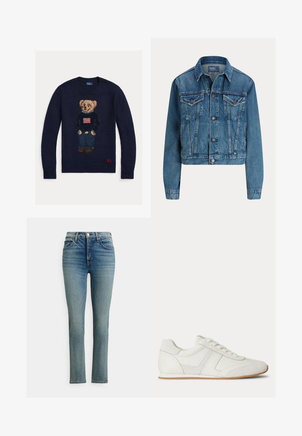 Blue denim jacket with button front, two chest flap pockets, side pockets, and classic collar, labeled Polo by Ralph Lauren.; Navy blue knit sweater with teddy bear wearing jeans and black sweater with American flag, red "RL" initials on bottom hem.; Light blue jeans with a straight leg cut, featuring a button closure, front pockets, and a subtle faded texture. Quality denim material.; White low-top sneaker with lace-up front, suede and leather panels, and a light brown rubber sole on a white background.