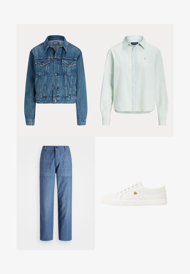 Modrá rifľová bunda s gombíkmi vpredu, dvoma náprsnými vreckami s chlopňou, bočnými vreckami a klasickým golierom, označená Polo by Ralph Lauren.; Svetlomodrá košeľa s dlhým rukávom na gombíky s golierom, malým vyšívaným logom Polo Ralph Lauren na hrudi a viditeľnými bielymi gombíkmi vpredu.; Svetlomodré džínsy s rovnými nohavicami, obsahujúce dve predné vrecká a zapínanie na gombík v oblasti pása. Hladká textúra.; Lauren Ralph Lauren JANSON II CANVAS SNEAKER - Tenisky - optic white