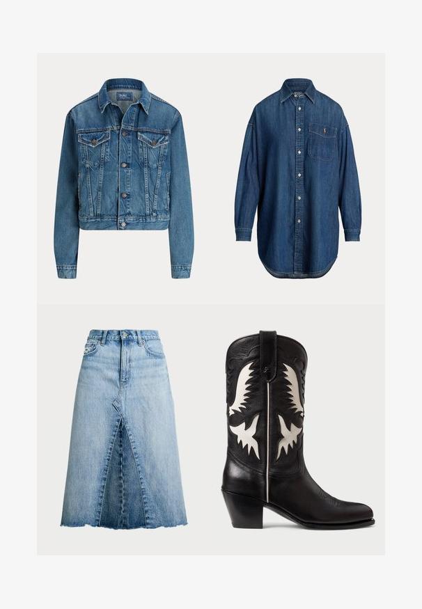 Veste en jean bleue avec fermeture à boutons sur le devant, deux poches poitrine à rabat, poches latérales et col classique, étiquetée Polo by Ralph Lauren.; Chemise en jean bleu à manches longues avec boutonnière, poche poitrine avec petit logo brodé et col classique.; Polo Ralph Lauren PANELED DENIM A LINE SKIRT - Jupe trapèze - lindale wash; Bottes de cowboy en cuir noir avec des accents angulaires blancs, présentant une broderie décorative, un bout pointu et un petit talon empilé.