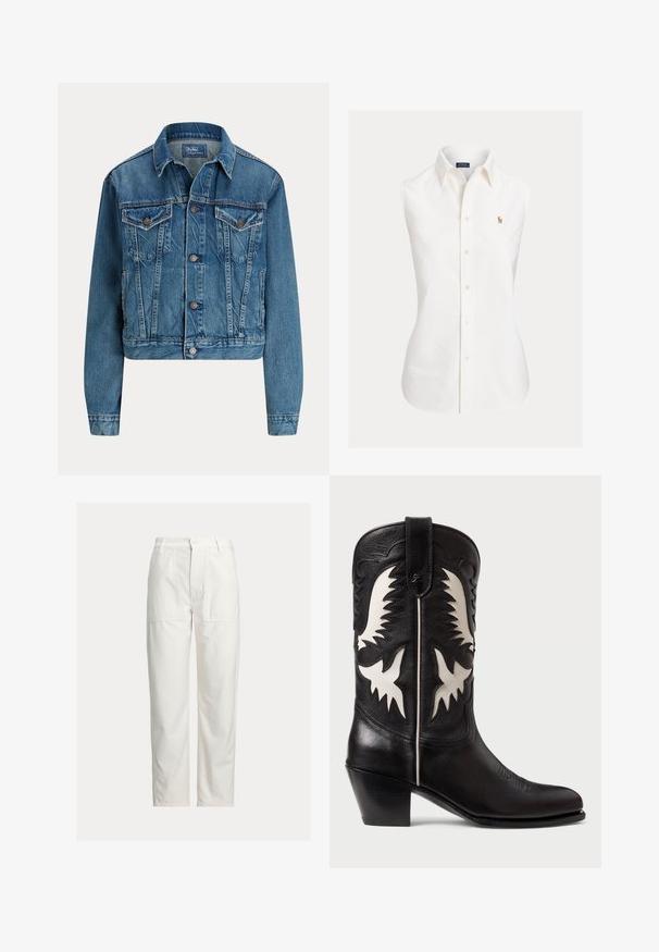 Blaue Jeansjacke mit Knopfverschluss vorne, zwei Brustklappentaschen, Seitentaschen und klassischem Kragen, mit dem Label Polo von Ralph Lauren.; Weißes ärmelloses Hemd aus Baumwolle, mit spitzem Kragen, Knopfleiste vorne und kleinem gesticktem Logo auf der linken Seite.; Weiße Hose mit geradem Bein, großen aufgesetzten Taschen vorne, Gürtelschlaufen und Knopfverschluss in der Taille.; Schwarze Ledercowboystiefel mit weißen eckigen Akzenten, dekorativer Stickerei, einer spitzen Zehe und einem niedrigen, gestapelten Absatz.