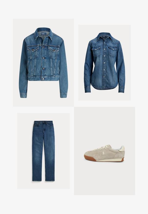 Blaue Jeansjacke mit Knopfverschluss vorne, zwei Brustklappentaschen, Seitentaschen und klassischem Kragen, mit dem Label Polo von Ralph Lauren.; Langärmeliges blaues Denimhemd mit Perlmutt-Druckknöpfen, zwei Brustklappentaschen und spitzem Kragen von Polo Ralph Lauren.; Straight-leg blaue Denim-Jeans mit fünf Taschen, Knopfverschluss und subtilen Verwaschungen an Oberschenkeln und Knien, flach auf weißem Hintergrund gelegt.; Beiger Wildleder-Sneaker mit weißen Schnürsenkeln, brauner Gummisohle und kleinem gesticktem Logo an der Seite, von der Außenseite betrachtet.