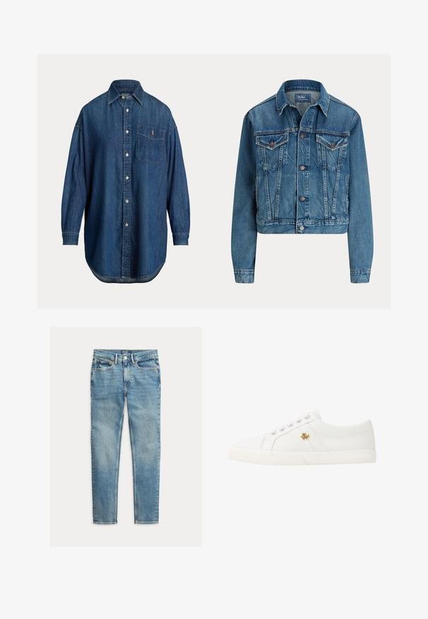 Blå denimjakke med knapper foran, to brystlommer med klap, sidelommer og klassisk krave, mærket Polo af Ralph Lauren.; Langærmet blå denim knap-op skjorte med brystlomme med lille broderet logo og klassisk krave.; Lyseblå slim-fit jeans med fem lommer og knaplukning, lagt fladt på en hvid baggrund.; Lauren Ralph Lauren JANSON II CANVAS SNEAKER - Sneakers - optic white