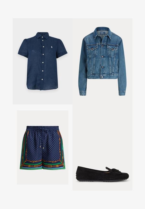 Sininen farkkutakki, jossa napillinen etuosa, kaksi rintataskua läpällä, sivutaskut ja klassinen kaulus, merkiltään Polo by Ralph Lauren.; Laivastonsininen lyhythihainen nappikiinnitteinen paita, jossa on kaulus ja vasemmassa rinnassa valkoinen kirjailtu logo.; Laivastonsiniset shortsit, joissa valkoiset pilkut, joustava vyötärönauha, nyöri ja kuviollinen reunus, jossa on ruskeita vöitä ja vihreitä yksityiskohtia.; Musta mokkanahkainen litteä loafer, jossa tupsukoriste ja kumipohja, sivuprofiili vaalealla yksivärisellä taustalla.