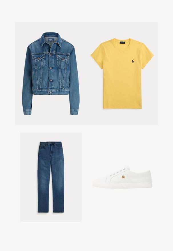 Modrá rifľová bunda s gombíkmi vpredu, dvoma náprsnými vreckami s chlopňou, bočnými vreckami a klasickým golierom, označená Polo by Ralph Lauren.; Žlté tričko s krátkym rukávom, okrúhlym výstrihom a malým tmavomodrým logom Polo Ralph Lauren na ľavej strane hrude.; Modré džínsy z denimu s rovnými nohavicami, piatimi vreckami, zapínaním na gombíky a jemným vyblednutím na stehnách a kolenách, položené na bielom pozadí.; Lauren Ralph Lauren JANSON II CANVAS SNEAKER - Tenisky - optic white