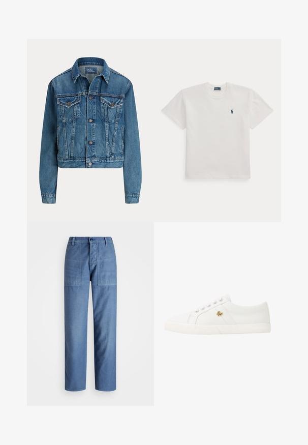 Modrá rifľová bunda s gombíkmi vpredu, dvoma náprsnými vreckami s chlopňou, bočnými vreckami a klasickým golierom, označená Polo by Ralph Lauren.; Biele tričko s krátkym rukávom a okrúhlym výstrihom s malým tmavomodrým logom hráča póla na ľavej strane hrudníka.; Svetlomodré džínsy s rovnými nohavicami, obsahujúce dve predné vrecká a zapínanie na gombík v oblasti pása. Hladká textúra.; Lauren Ralph Lauren JANSON II CANVAS SNEAKER - Tenisky - optic white