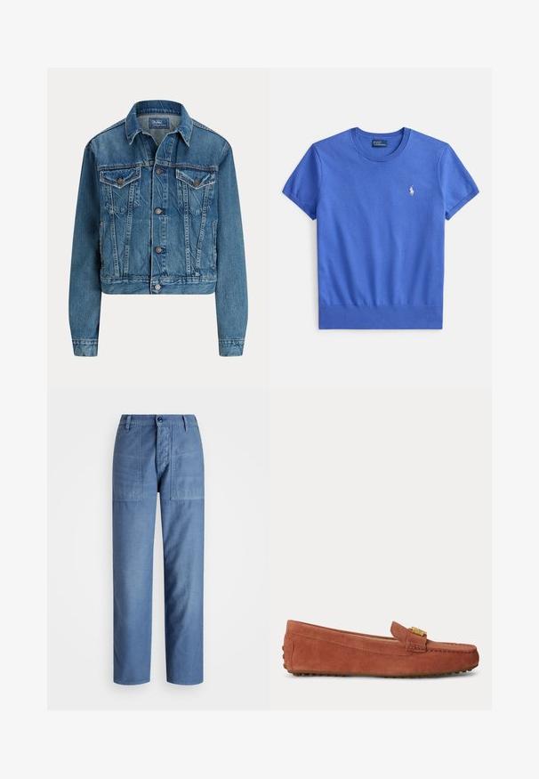 Modrá rifľová bunda s gombíkmi vpredu, dvoma náprsnými vreckami s chlopňou, bočnými vreckami a klasickým golierom, označená Polo by Ralph Lauren.; Modré bavlnené tričko s krátkymi rukávmi, okrúhlym výstrihom a rebrovaným lemom. Na ľavej strane na hrudi má malú vyšivanú značku.; Svetlomodré džínsy s rovnými nohavicami, obsahujúce dve predné vrecká a zapínanie na gombík v oblasti pása. Hladká textúra.; Hnedý semišový mokasín so zlatou prackou, zaoblenou špičkou a gumovou podrážkou, zobrazený z boku na jednolôžkovom pozadí.