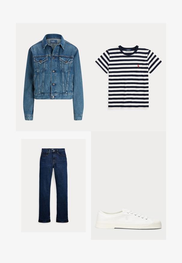 Blaue Jeansjacke mit Knopfverschluss vorne, zwei Brustklappentaschen, Seitentaschen und klassischem Kragen, mit dem Label Polo von Ralph Lauren.; Marineblau und weiß gestreiftes T-Shirt mit kurzen Ärmeln, Rundhalsausschnitt und kleinem roten Polo Ralph Lauren Logo auf der Brust.; Dunkelblaue Straight-Leg-Denim-Jeans mit Frontknopf und Reißverschluss, Fünf-Taschen-Design und sichtbaren Nähten.; Weiße Leinensneaker mit runder Zehenpartie, Schnürverschluss und dezentem Logodetail. Verfügt über ein strukturiertes Gewebe und eine Gummisohle.