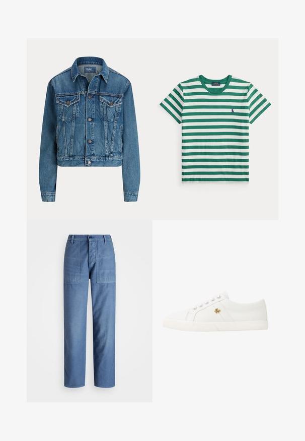 Sinine teksajope ees nuppudega, kaks rinnataskut klappidega, küljetaskud ja klassikaline krae, sildiga Polo by Ralph Lauren.; Lühikeste varrukatega rohevalge horisontaalse triibuga T-särk, ümar kaelus ja väike lilla tikandiga logo rinnal.; Heledad sinine teksapüks, sirge jala disainiga, kahe eesmine taskuga ja nööbiga kinnitus vööl. Sile tekstuur.; Lauren Ralph Lauren JANSON II CANVAS SNEAKER - Tossud - optic white