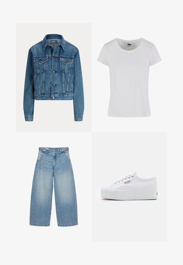 Veste en jean bleue avec fermeture à boutons sur le devant, deux poches poitrine à rabat, poches latérales et col classique, étiquetée Polo by Ralph Lauren.; T-shirt blanc à manches courtes en coton. Il présente une encolure arrondie et une coupe cintrée. L'étiquette indique "URBAN CLASSICS".; Jean en denim bleu clair à jambes larges avec taille haute, poches avant, fermeture par bouton et passants pour ceinture.; Baskets en toile blanches avec une épaisse semelle plateforme blanche, bout rond et œillets en métal pour les lacets. Logo de la marque affiché sur le côté.