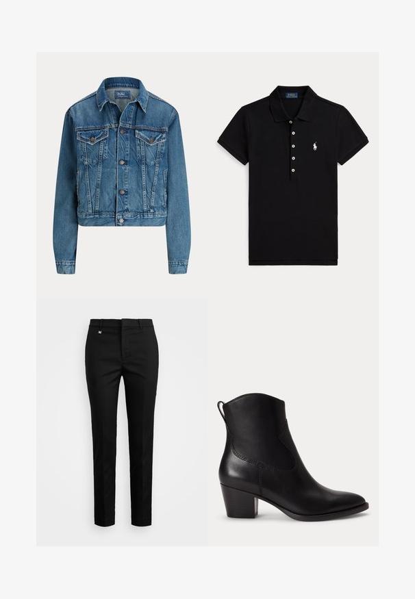 Blaue Jeansjacke mit Knopfverschluss vorne, zwei Brustklappentaschen, Seitentaschen und klassischem Kragen, mit dem Label Polo von Ralph Lauren.; Schwarzes Poloshirt mit kurzen Ärmeln, weißen Knöpfen, einem Kragen und einem weiß bestickten Polo Ralph Lauren Logo auf der linken Brust.; Schwarze Hosen mit maßgeschneidertem Schnitt, glatter Textur und flacher Vorderseite mit dezenten Falten. Inklusive Bund mit Gürtelschlaufen und kleinem Logo.; Schwarzer Lederknöchelstiefel mit niedrigem Blockabsatz, abgerundeter Spitze und Zuglasche hinten vor schlichtem weißem Hintergrund.