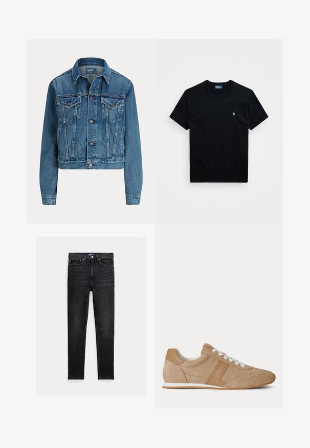 Blå denimjakke med knapper foran, to brystlommer med klap, sidelommer og klassisk krave, mærket Polo af Ralph Lauren.; Sort kortærmet T-shirt lavet af bomuld, med rund hals, fleksibel kant og et lille broderet logo på venstre bryst.; Slim-fit sorte jeans med fem lommer, knaplukning og Polo mærke på linningen, lagt fladt på en hvid baggrund.; Lysebrun ruskind og læder lavtop-sneaker med hvide snørebånd og hvid gummisål vist fra siden på en hvid baggrund.