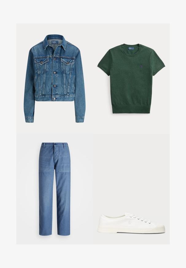 Blaue Jeansjacke mit Knopfverschluss vorne, zwei Brustklappentaschen, Seitentaschen und klassischem Kragen, mit dem Label Polo von Ralph Lauren.; Grüner kurzärmeliger Strickpullover mit Rundhalsausschnitt und kleinem lila Polo Ralph Lauren-Logo auf der linken Brust.; Helle blaue Jeanshose mit geradem Bein, ausgestattet mit zwei vorderen Taschen und einem Knopfverschluss in der Taille. Glatte Textur.; Weiße Leinensneaker mit runder Zehenpartie, Schnürverschluss und dezentem Logodetail. Verfügt über ein strukturiertes Gewebe und eine Gummisohle.