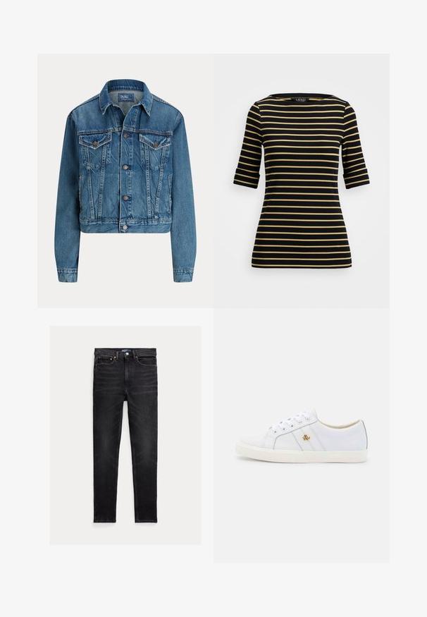 Blauwe spijkerjas met knoopsluiting aan de voorkant, twee borstflapzakken, zijzakken en een klassieke kraag, met label Polo by Ralph Lauren.; Gestreept zwart en goud kortmouwen top met een bootneck, featuring gelijkmatig verdeelde horizontale strepen en een aansluitend ontwerp.; Zwarte slim-fit jeans met vijf zakken, knoopsluiting en Polo merklabel op de tailleband, plat op een witte achtergrond gelegd.; Lauren Ralph Lauren JANSON II ACTION LEATHER SNEAKER - Sneakers laag - real white