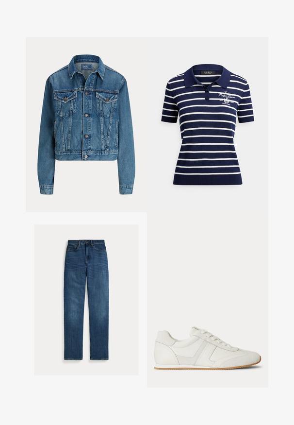 Blå denimjakke med knapper foran, to brystlommer med klap, sidelommer og klassisk krave, mærket Polo af Ralph Lauren.; Marineblå polo med hvide striber, korte ærmer, ribbet krave og tre-knaps lukning; med broderet logo på brystet.; Straight-leg blå denim jeans med fem lommer, knaplukning og subtil falmning på lår og knæ, lagt fladt på hvid baggrund.; Hvid lavtop sneaker med snørelukning foran, ruskind- og læderpaneler og en lysebrun gummisål på en hvid baggrund.