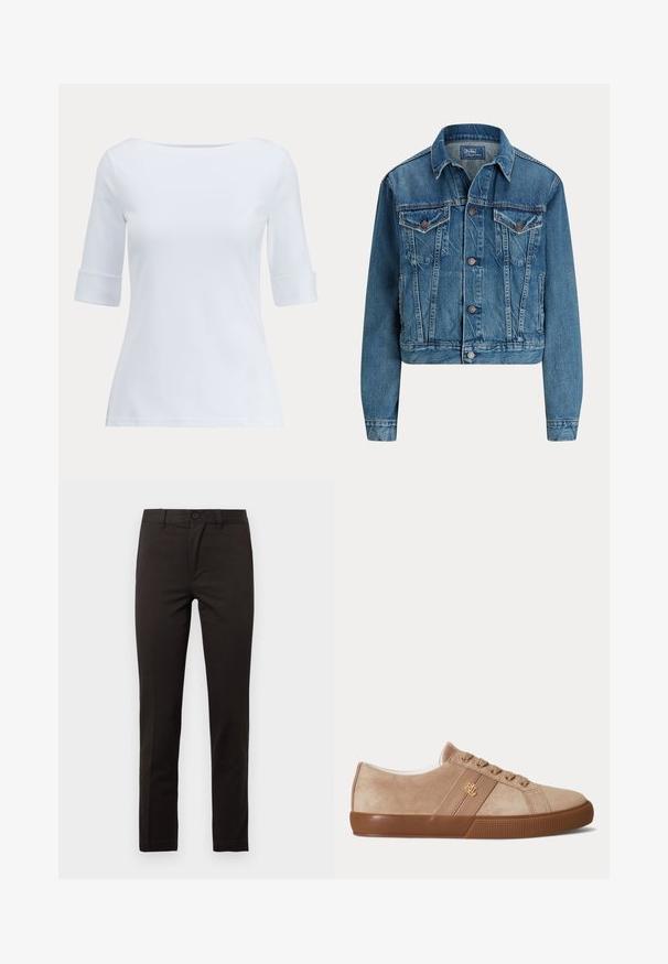 Blaue Jeansjacke mit Knopfverschluss vorne, zwei Brustklappentaschen, Seitentaschen und klassischem Kragen, mit dem Label Polo von Ralph Lauren.; Weißes figurbetontes Damenoberteil mit Dreiviertelärmeln und einem breiten, abgerundeten Ausschnitt.; Schwarze, gerade geschnittene Hose aus einem glatten Baumwollmischgewebe; mit vorderem Knopf, Reißverschluss und zwei seitlichen Taschen. Sauberes, minimalistisches Design.; Beige Wildleder-Low-Top-Sneaker mit brauner Gummisohle, passenden Schnürsenkeln und kleinem goldfarbenem "RLL"-Logo an der Seite.