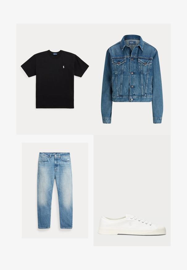 Modrá rifľová bunda s gombíkmi vpredu, dvoma náprsnými vreckami s chlopňou, bočnými vreckami a klasickým golierom, označená Polo by Ralph Lauren.; Čierne tričko s krátkym rukávom a okrúhlym výstrihom, s malým bielym vyšívaným logom Polo Ralph Lauren na ľavej strane hrudníka.; Svetlomodré vyblednuté rovné rifle s prednými vreckami, zapínaním na gombík a zipsom a miernym opotrebovaním na pravom stehne.; Biele plátěné tenisky s okrúhlou špičkou, viazaním na šnúrky a diskrétnym logom. Majú štruktúrovanú textíliu a gumovú podrážku.