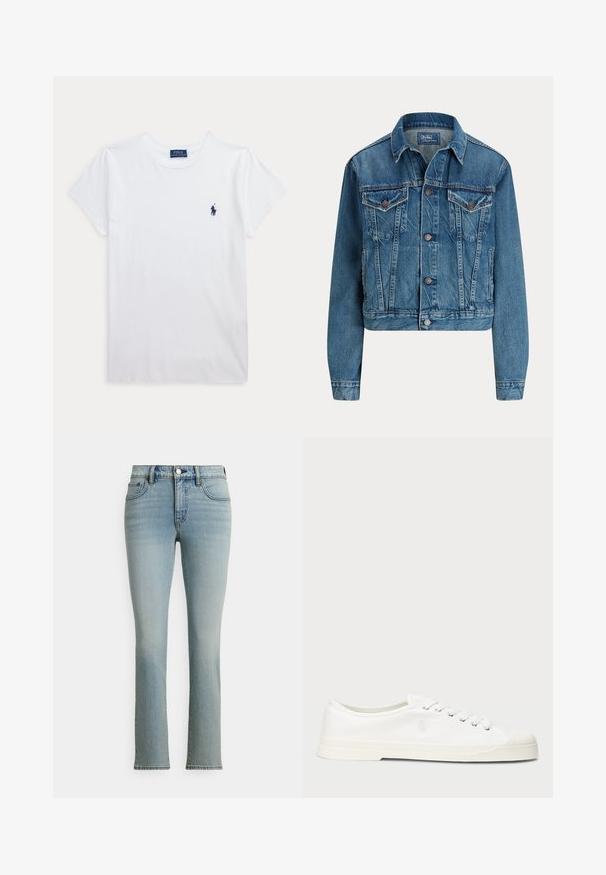 Blaue Jeansjacke mit Knopfverschluss vorne, zwei Brustklappentaschen, Seitentaschen und klassischem Kragen, mit dem Label Polo von Ralph Lauren.; Weißes T-Shirt mit kurzen Ärmeln und Rundhalsausschnitt mit kleinem dunkelblauem Polo Ralph Lauren Logo auf der linken Brust.; Hellblaue Jeans aus Denim mit tailliertem Bund, geraden Beinen, dezentem Farbeffekt, klassischem Fünf-Taschen-Design, Metallknopfverschluss und kontrastierender Naht.; Weiße Leinensneaker mit runder Zehenpartie, Schnürverschluss und dezentem Logodetail. Verfügt über ein strukturiertes Gewebe und eine Gummisohle.