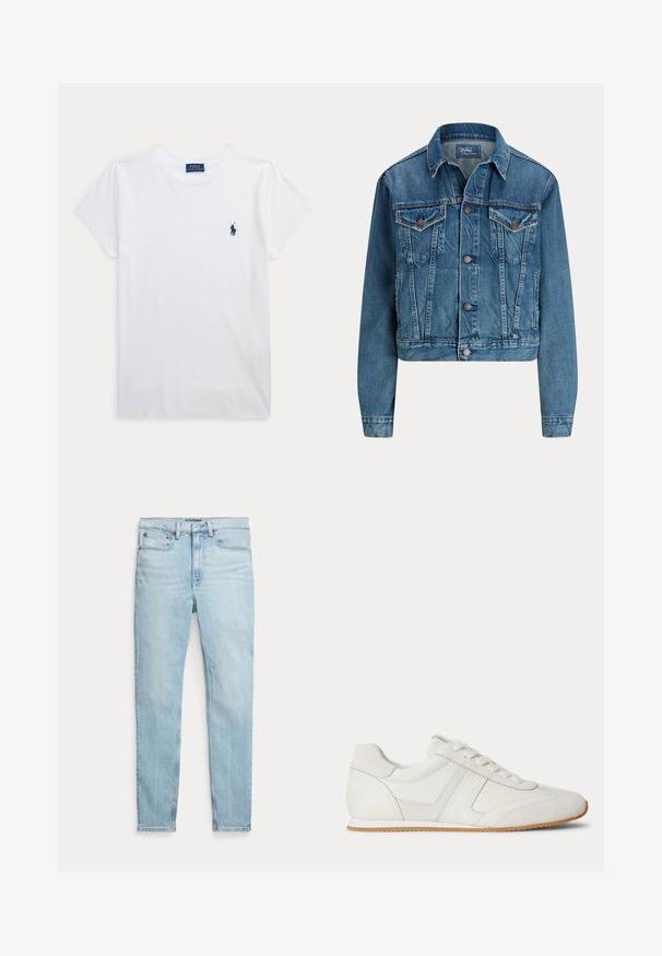Blauwe spijkerjas met knoopsluiting aan de voorkant, twee borstflapzakken, zijzakken en een klassieke kraag, met label Polo by Ralph Lauren.; Wit T-shirt met korte mouwen en ronde hals met klein donkerblauw Polo Ralph Lauren-logo op de linkerborst.; Lichtblauwe hooggetailleerde skinny jeans met vijf zakken en een knoopsluiting op een effen witte achtergrond.; Witte lage sneaker met veters aan de voorkant, suède en leren panelen, en een lichtbruine rubberen zool op een witte achtergrond.