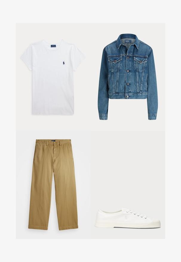 Blauwe spijkerjas met knoopsluiting aan de voorkant, twee borstflapzakken, zijzakken en een klassieke kraag, met label Polo by Ralph Lauren.; Wit T-shirt met korte mouwen en ronde hals met klein donkerblauw Polo Ralph Lauren-logo op de linkerborst.; Polo Ralph Lauren COTTON CHINO STRAIGHT LEG TROUSER - Chino - khaki; Witte canvas sneaker met een ronde neus, vetersluiting en subtiele logo-detail. Voorzien van een gemêleerde stof en rubberen zool.