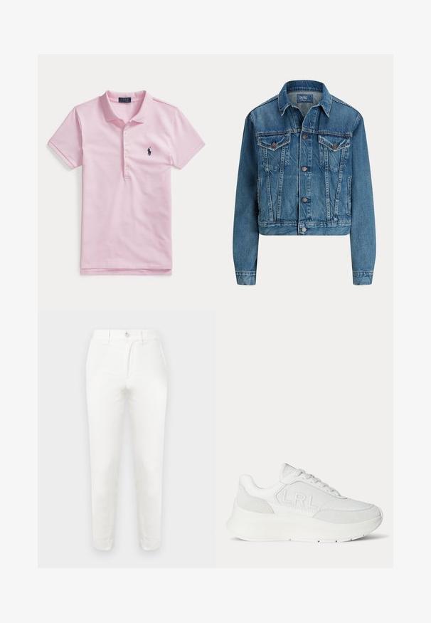 Blå denimjakke med knapper foran, to brystlommer med klap, sidelommer og klassisk krave, mærket Polo af Ralph Lauren.; Lyserød kortærmet polo med krave, fire knapper og et lille mørkeblåt broderet logo på venstre bryst.; Hvide bomuldssbukser med slank pasform, der har en enkel knaplukning, fladt front og afsmalnende ben. Stoffet fremstår glat med minimal tekstur.; Hvid læder sneaker med tyk sål og "LRL" præget på siden, med snørebånd og ruskind accents på hæl og tå områder.