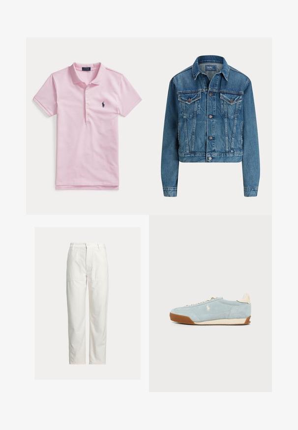 Blå denimjakke med knapper foran, to brystlommer med klap, sidelommer og klassisk krave, mærket Polo af Ralph Lauren.; Lyserød kortærmet polo med krave, fire knapper og et lille mørkeblåt broderet logo på venstre bryst.; Hvide bukser med lige ben, store foran-lommer, bæltestropper og lukning med knap i taljen.; Lyseblå ruskindssneakers med beige accenter, brun sål og broderet hvid hestelogo på siden, vist i profil på ensfarvet baggrund.