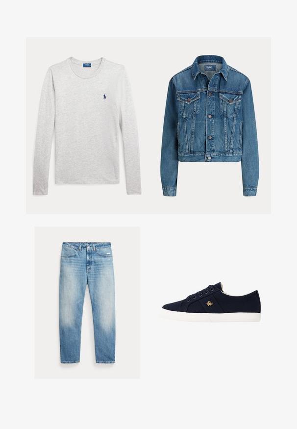 Chaqueta de mezclilla azul con cierre de botones en la parte delantera, dos bolsillos con solapa en el pecho, bolsillos laterales y cuello clásico, etiquetada Polo by Ralph Lauren.; Camisa de manga larga gris clara con cuello redondo y pequeño logotipo de Polo Ralph Lauren en azul marino bordado en el pecho izquierdo.; Vaqueros de pierna recta en azul claro desgastado, con bolsillos delanteros, cierre de botón y cremallera, y ligero desgaste en el muslo derecho.; Lauren Ralph Lauren JANSON II CANVAS SNEAKER - Zapatillas - navy