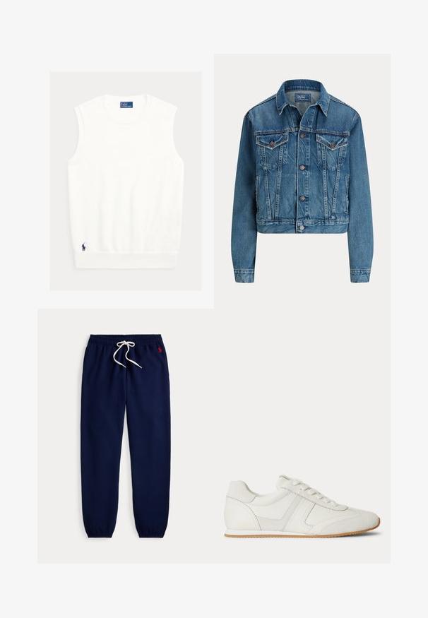 Blå denimjakke med knapper foran, to brystlommer med klap, sidelommer og klassisk krave, mærket Polo af Ralph Lauren.; Hvid ærmeløs top i blødt stof med ribbet halskant og kant forneden. Lille marineblåt logo broderet nederst i venstre hjørne.; Marineblå joggingbukser med elastisk talje og manchetter, hvid snøre og et lille rødt logo på øverste venstre side.; Hvid lavtop sneaker med snørelukning foran, ruskind- og læderpaneler og en lysebrun gummisål på en hvid baggrund.