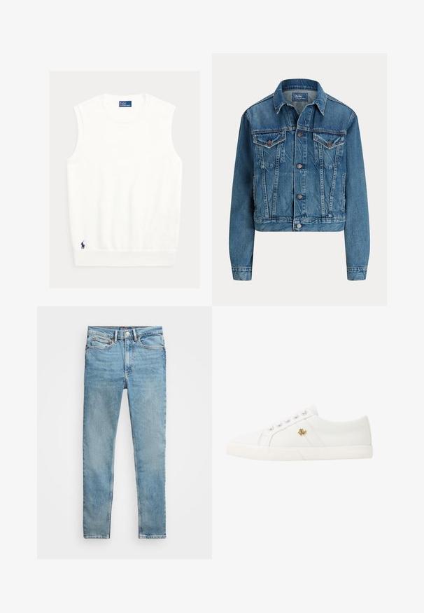 Modrá rifľová bunda s gombíkmi vpredu, dvoma náprsnými vreckami s chlopňou, bočnými vreckami a klasickým golierom, označená Polo by Ralph Lauren.; Biely tielkový top z mäkkého materiálu, s rebrovaným výstrihom a lemom. Malé námornícke logo vyšívané v dolnom ľavom rohu.; Svetlomodré úzke rifle s piatimi vreckami a kovovým zapínaním na gombík, položené na bielom pozadí.; Lauren Ralph Lauren JANSON II CANVAS SNEAKER - Tenisky - optic white
