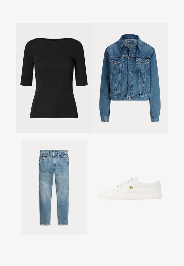 Modrá rifľová bunda s gombíkmi vpredu, dvoma náprsnými vreckami s chlopňou, bočnými vreckami a klasickým golierom, označená Polo by Ralph Lauren.; Čierna priliehavá košeľa s rukávmi do lakťa a širokým, okrúhlym výstrihom na jednoduchom pozadí.; Svetlomodré slim fit džínsy s piatimi vreckami a zapínaním na gombík, položené na bielom pozadí.; Lauren Ralph Lauren JANSON II CANVAS SNEAKER - Tenisky - optic white