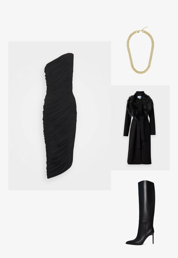 Langer schwarzer Mantel mit einem Kunstfellkragen, tailliertem Schnitt und langen Ärmeln. Hat eine glatte Textur und ein schlichtes, elegantes Design.; Schwarzes One-Shoulder-Kleid aus gerafftem Stoff. Figurbetonte Silhouette, Midi-Länge, glatte Textur und minimale Designakzente.; Knöchelhohe schwarze Leder-Stiletto-Stiefel mit spitzem Zeh. Glatte Textur, strukturiertes Design und schmaler hoher Absatz. Keine sichtbaren Beschläge oder Muster.; Doppelsträngige goldene Halskette mit ineinandergreifenden Gliedern, Karabinerverschluss und verstellbarem Verlängerungskettchen auf weißem Hintergrund.