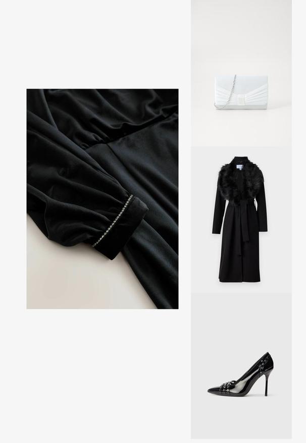 Long manteau noir avec un col en fausse fourrure, taille ceinturée et manches longues. Présente une texture lisse et un design simple et élégant.; Robe en velours noir à manches longues, présentant des détails froncés à la taille et des poignets ornés d'une rangée de petits accents brillants.; Chaussure à talon aiguille en cuir verni noir avec bout pointu, trois lanières décoratives avec clous, et logo "Karl Lagerfeld" sur le talon.; Pochette bleu clair avec un design plissé. Présente une forme rectangulaire, une chaîne en bandoulière et une texture lisse avec un accent central.