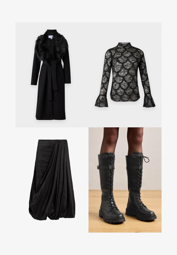 Langer schwarzer Mantel mit einem Kunstfellkragen, tailliertem Schnitt und langen Ärmeln. Hat eine glatte Textur und ein schlichtes, elegantes Design.; Schwarzes Spitzentop mit hohem Kragen und ausgestellten langen Ärmeln, durchgehend mit einem gewellten Muster im Stoff.; Schwarzer, drapierter Rock aus einem glatten Stoff, der mit komplexen Falten und einer fließenden Silhouette überzeugt. Der Rock hat eine geraffte Taille.; Hohe schwarze Leder Schnürstiefel mit knöchelhöhe, runder Zehenform, dickem strukturiertem Sohlendesign sowie dekorativem Seitenriemen und Hardwaredetails.