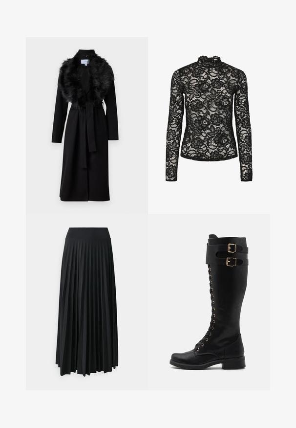 Abrigo largo negro con cuello de piel sintética, cintura ceñida con cinturón y mangas largas. Presenta una textura suave y un diseño simple y elegante.; Top de encaje negro de manga larga con cuello alto y ribete con volantes, patrones florales y una textura transparente. Diseñado para un ajuste ceñido.; Falda maxi negra con pliegues y cinturilla elástica ancha. Fabricada con un tejido suave y fluido, presenta pliegues verticales para añadir textura.; Botas de cuero negras hasta la rodilla con detalles en dorado, que cuentan con un frente laceado, dos correas con hebilla y un tacón cuadrado.